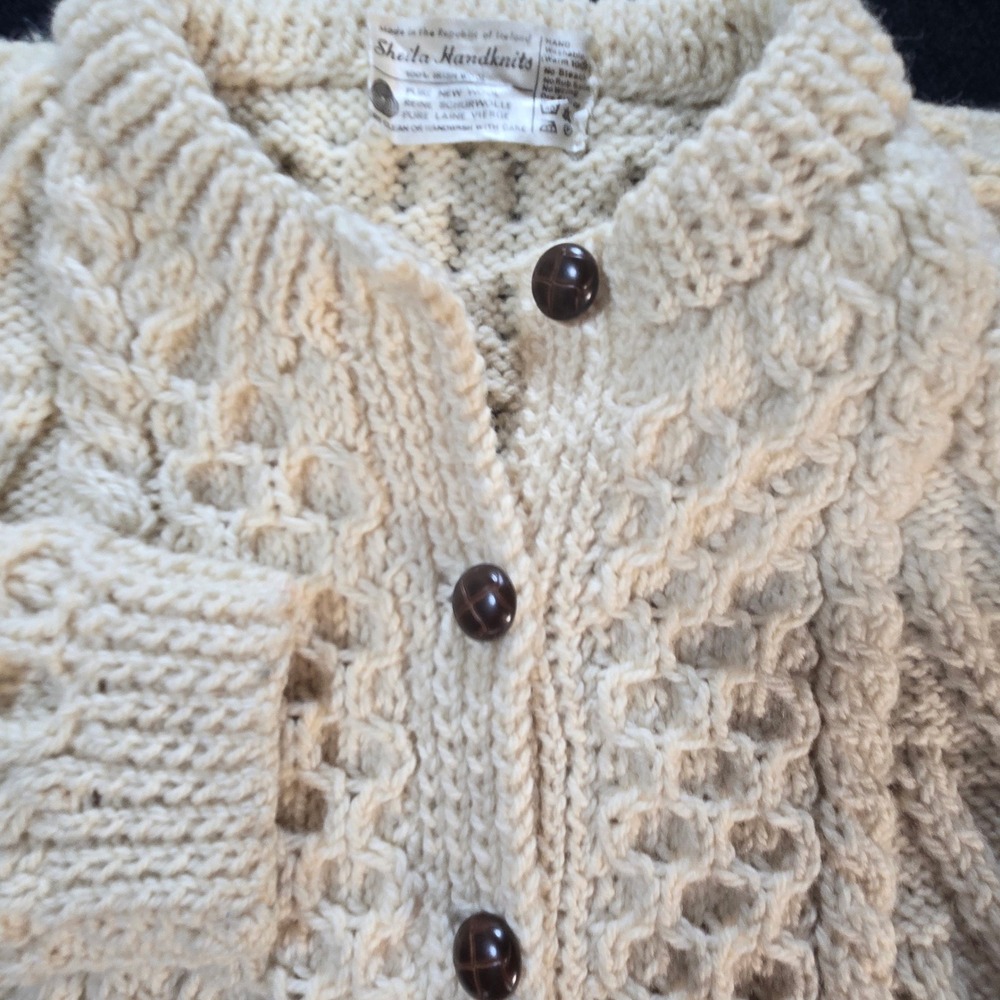 Vintage Handknits Irish Wool Cardigan Cream Aran Cable Knit Sweater Men M *flaw - Picture 4 of 12